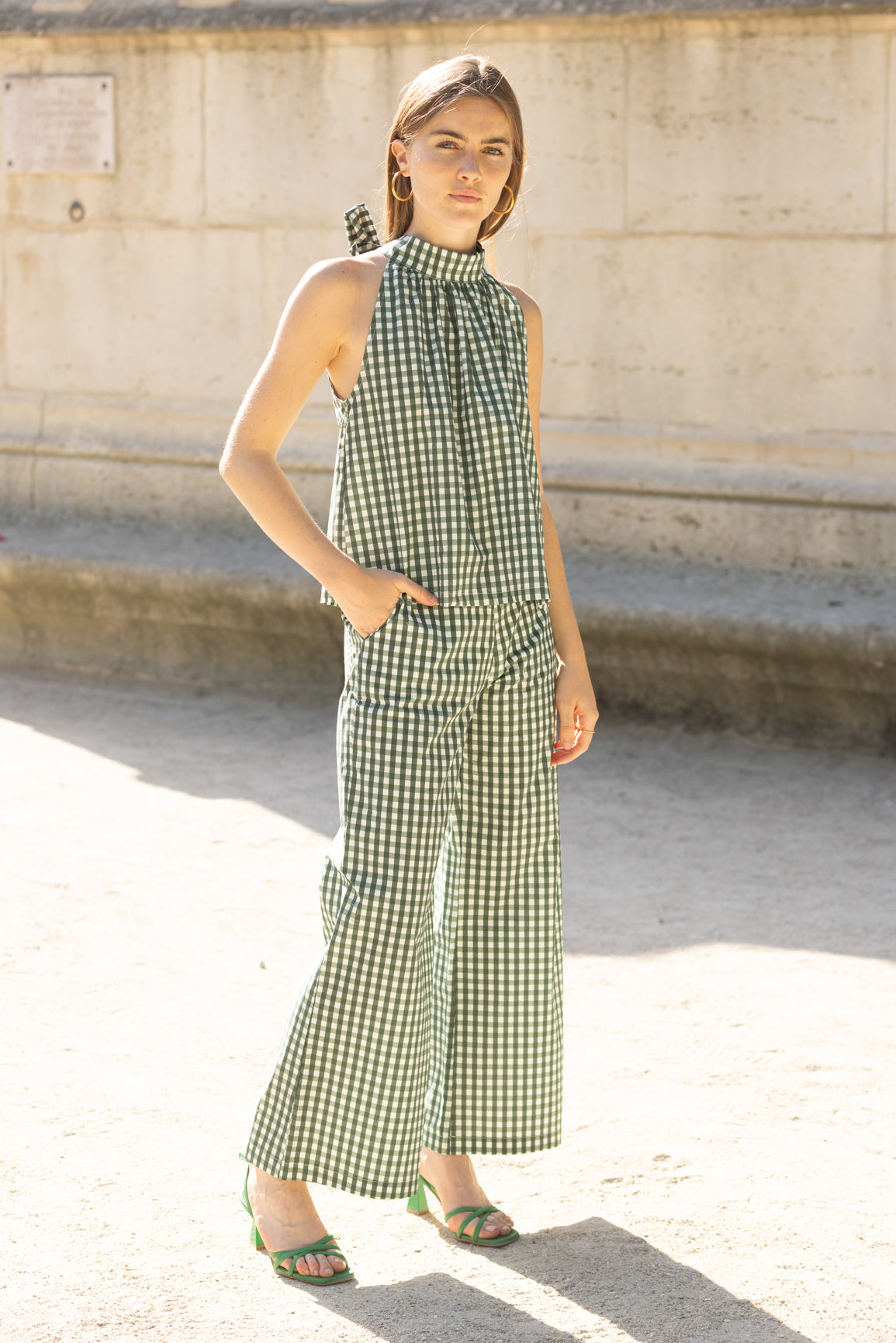 Pantalon vichy vert et blanc