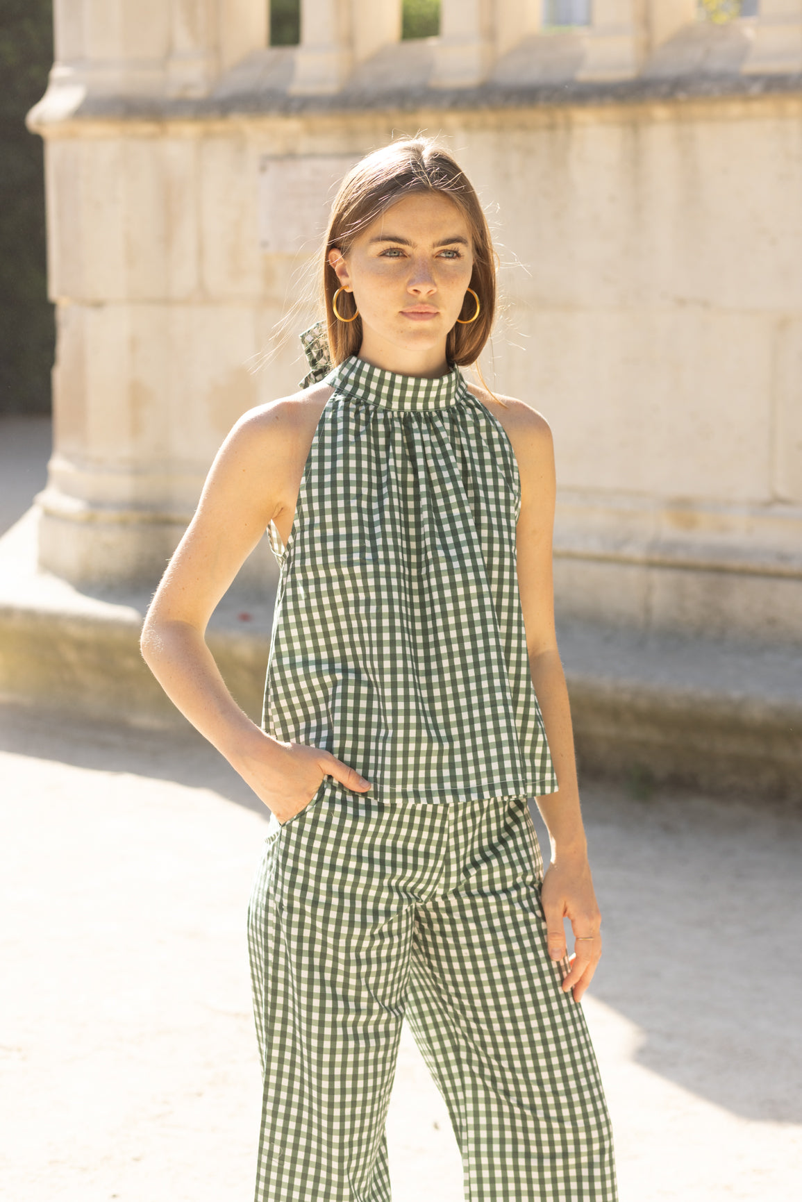 Pantalon vichy vert et blanc